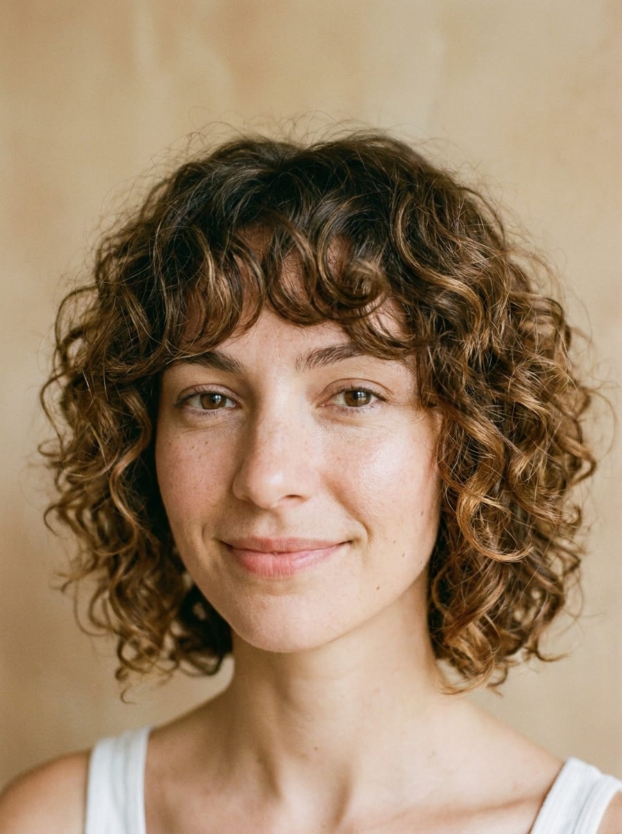 Kurze Locken mit Curtain Bangs - kurze Lockenfrisur